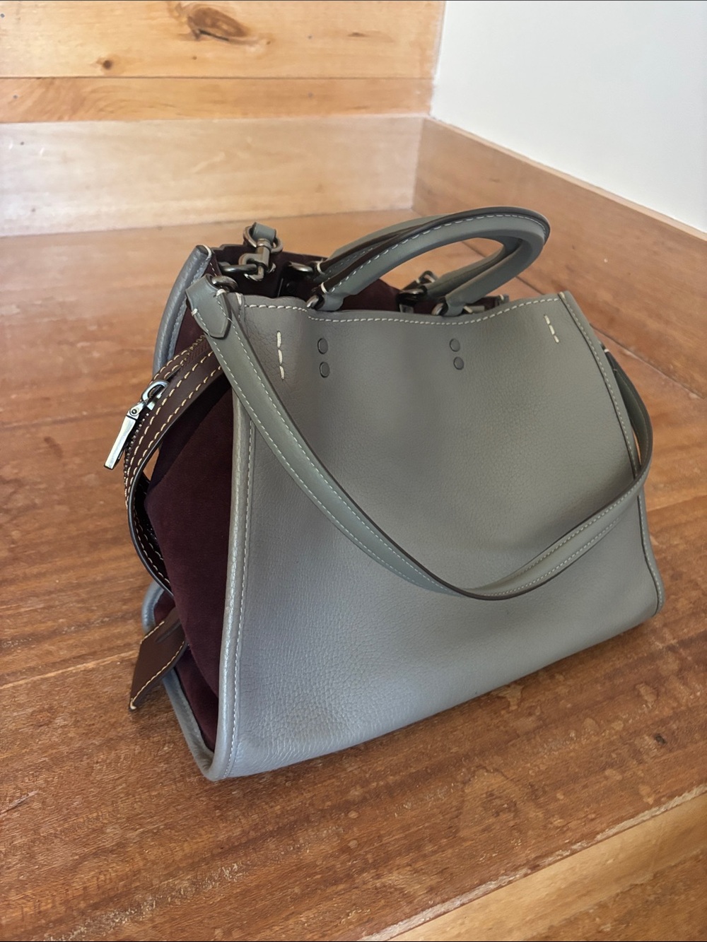 Coach Gray Leather Satchel with Burgundy Suede Side Panels